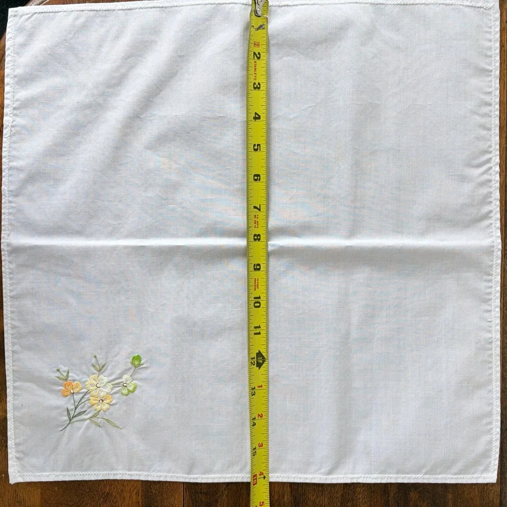 Vintage White Cotton Handkerchief Set 4pc Yellow Orange Floral Embroidered 15in